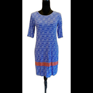 Antibes Blanc Royal Blue w/ anchor Pattern Stretchy 3/4 Sleeve Size Small Dress